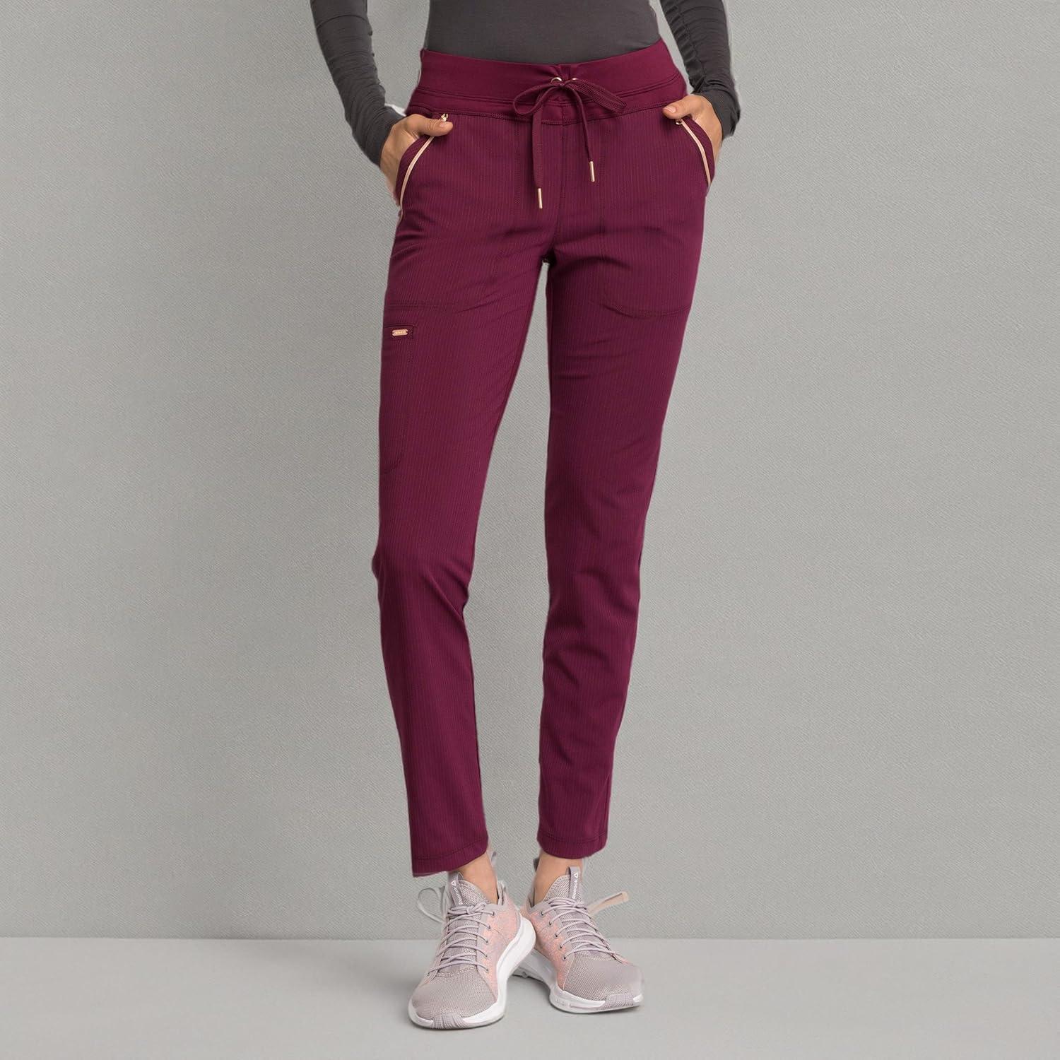 imageCherokee Statement Women Scrubs Pant Mid Rise Tapered Leg Drawstring CK055Wine