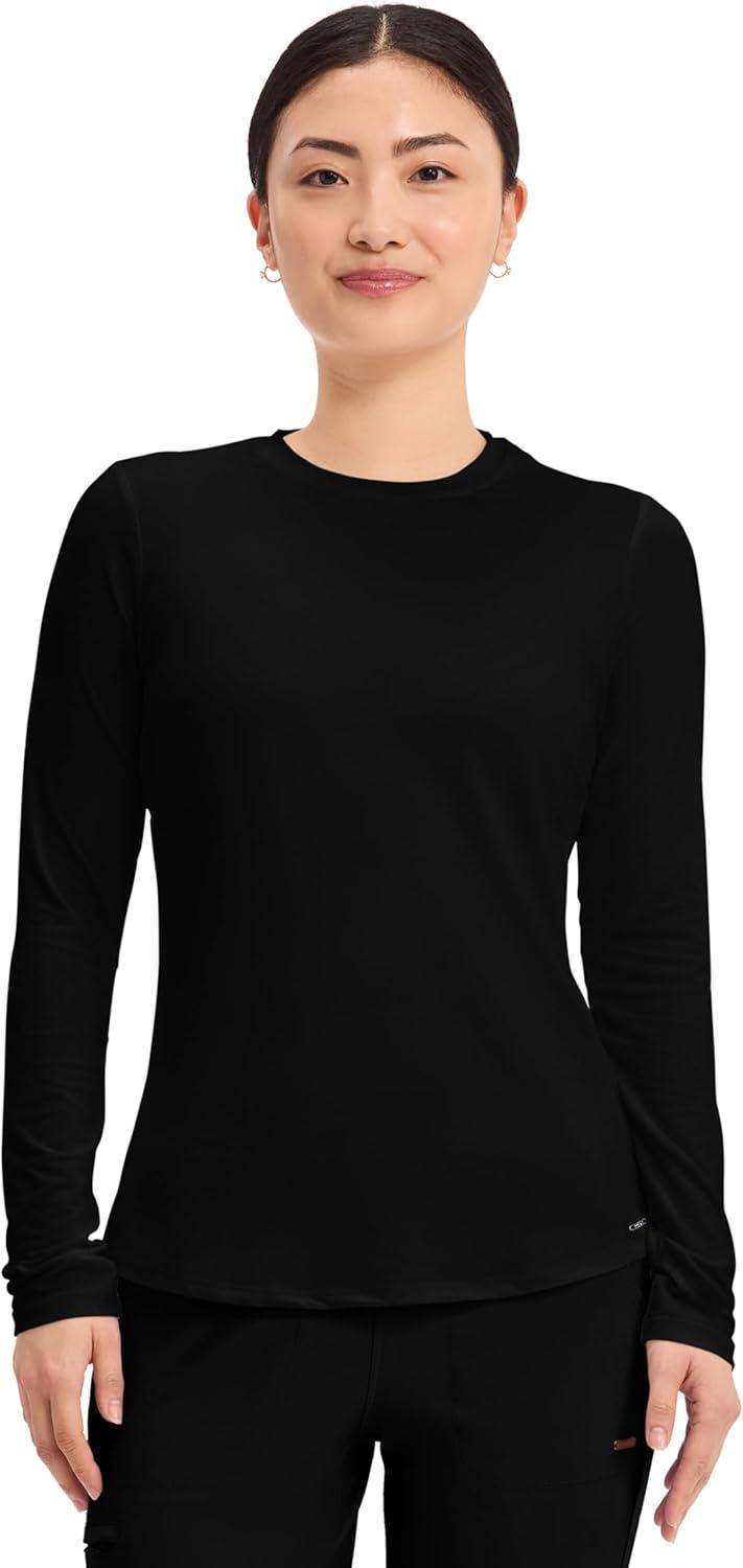 imageCherokee Underscrub Long Sleeve Womens Knit Tee Nursing Underscrubs Crew Neck Layering Top for Women CK773Black 2 Pack