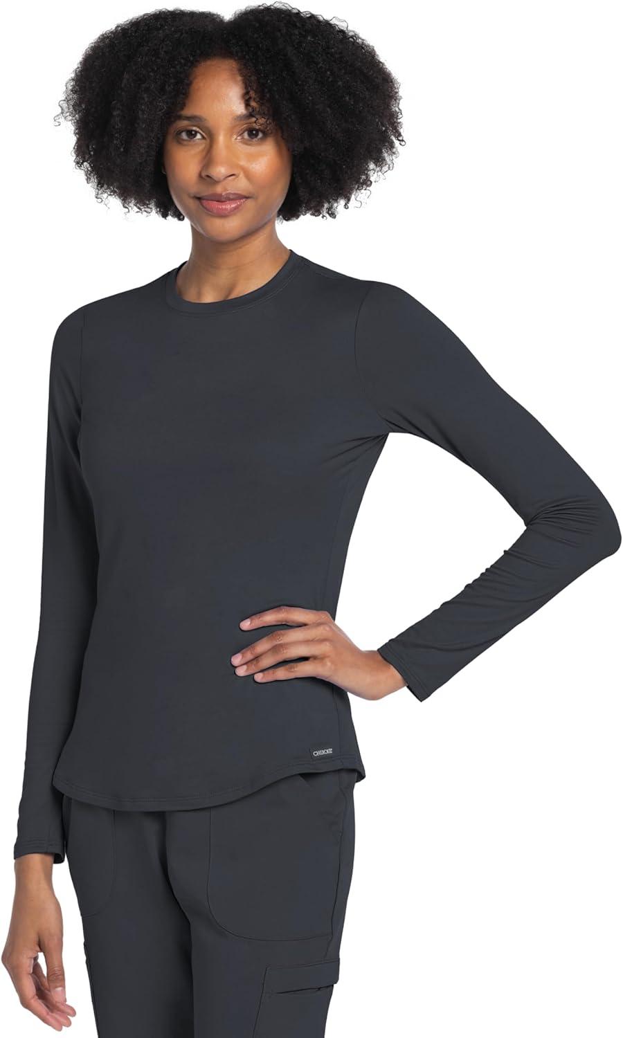 imageCherokee Underscrub Long Sleeve Womens Knit Tee Nursing Underscrubs Crew Neck Layering Top for Women CK773Black White Pewter 3 Pack
