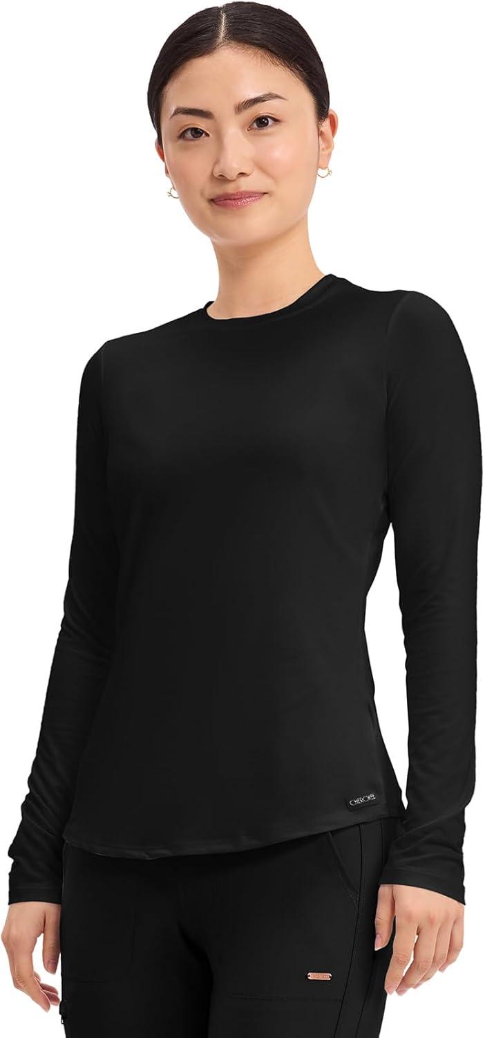 imageCherokee Underscrub Long Sleeve Womens Knit Tee Nursing Underscrubs Crew Neck Layering Top for Women CK773Black