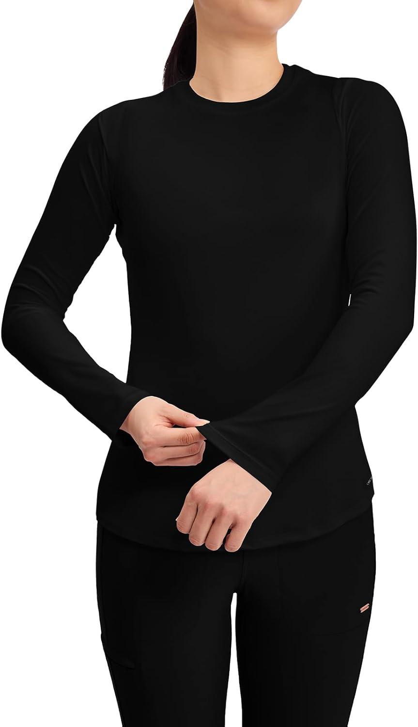 imageCherokee Underscrub Long Sleeve Womens Knit Tee Nursing Underscrubs Crew Neck Layering Top for Women CK773Black