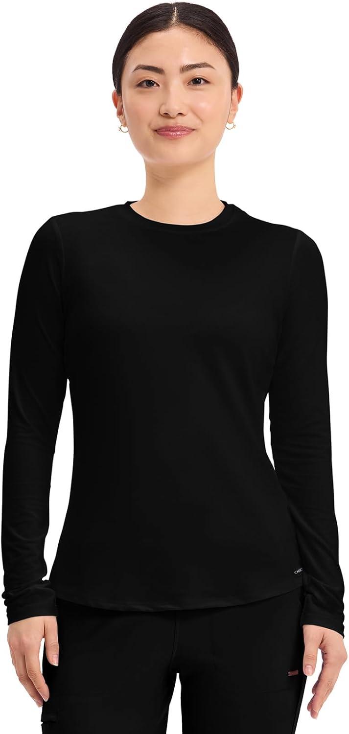imageCherokee Underscrub Long Sleeve Womens Knit Tee Nursing Underscrubs Crew Neck Layering Top for Women CK773Black