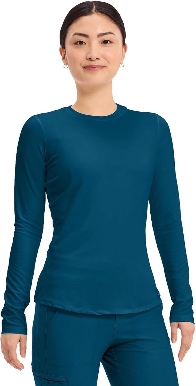 imageCherokee Underscrub Long Sleeve Womens Knit Tee Nursing Underscrubs Crew Neck Layering Top for Women CK773Caribbean Blue