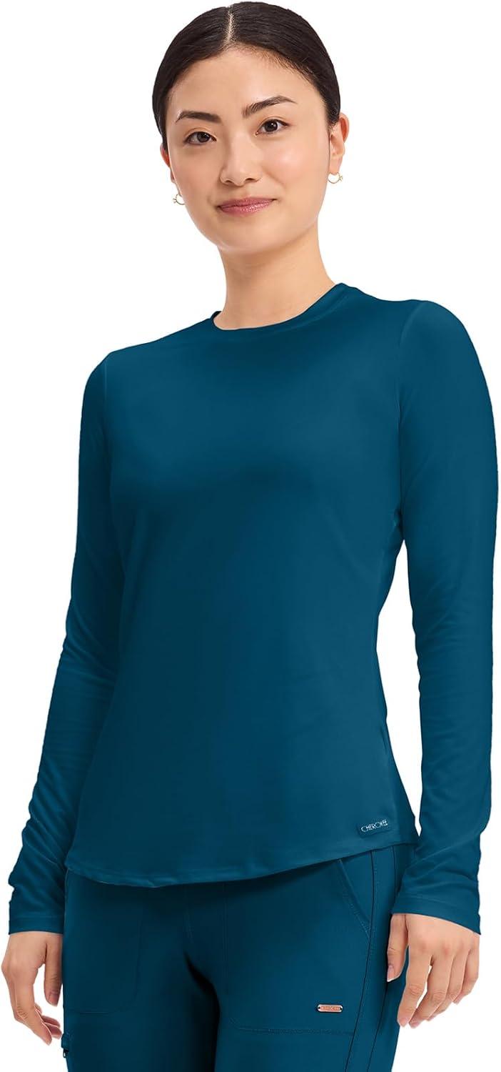 imageCherokee Underscrub Long Sleeve Womens Knit Tee Nursing Underscrubs Crew Neck Layering Top for Women CK773Caribbean Blue