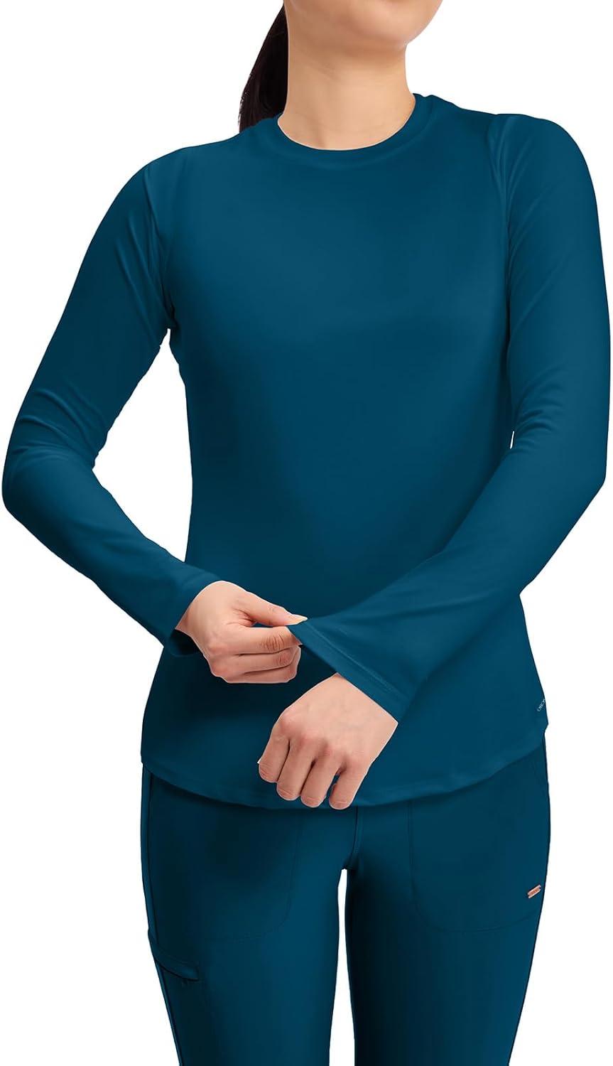 imageCherokee Underscrub Long Sleeve Womens Knit Tee Nursing Underscrubs Crew Neck Layering Top for Women CK773Caribbean Blue