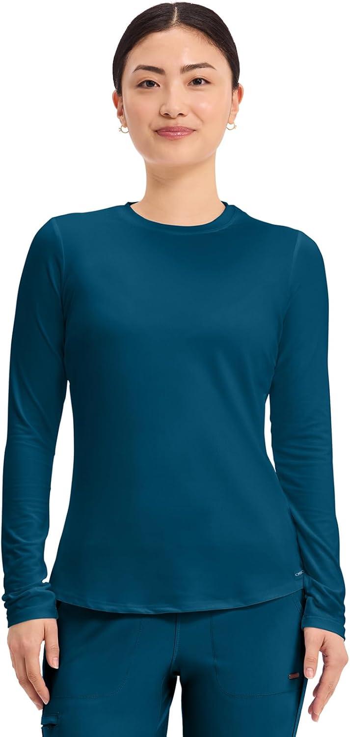 imageCherokee Underscrub Long Sleeve Womens Knit Tee Nursing Underscrubs Crew Neck Layering Top for Women CK773Caribbean Blue