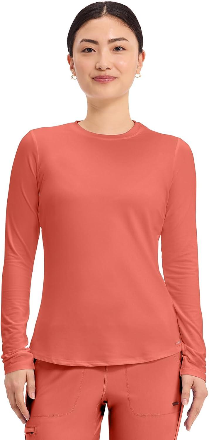 imageCherokee Underscrub Long Sleeve Womens Knit Tee Nursing Underscrubs Crew Neck Layering Top for Women CK773Coral Rush
