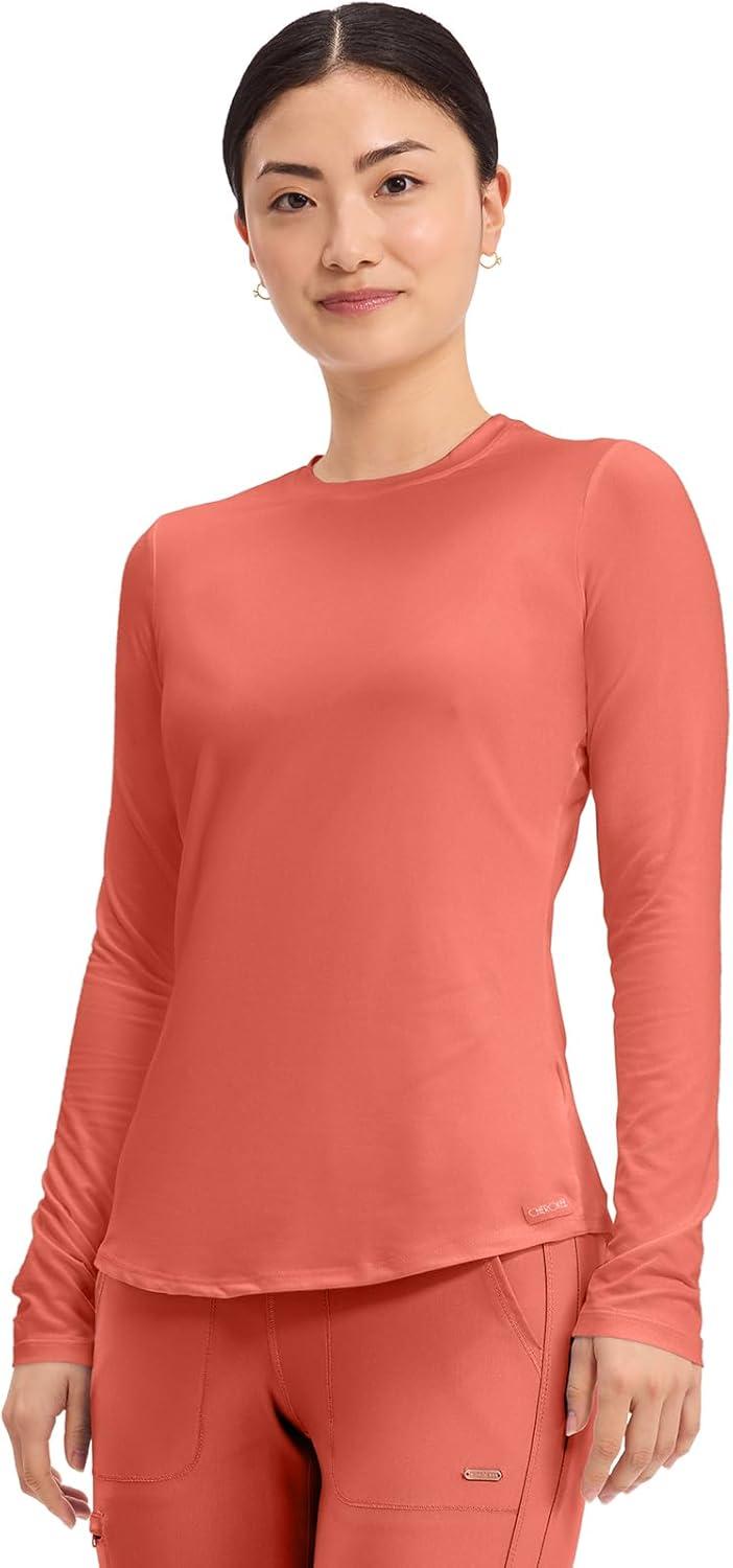 imageCherokee Underscrub Long Sleeve Womens Knit Tee Nursing Underscrubs Crew Neck Layering Top for Women CK773Coral Rush