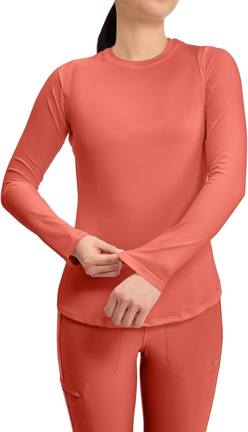 imageCherokee Underscrub Long Sleeve Womens Knit Tee Nursing Underscrubs Crew Neck Layering Top for Women CK773Coral Rush