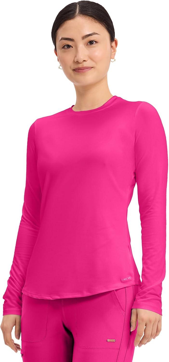 imageCherokee Underscrub Long Sleeve Womens Knit Tee Nursing Underscrubs Crew Neck Layering Top for Women CK773Electric Pink