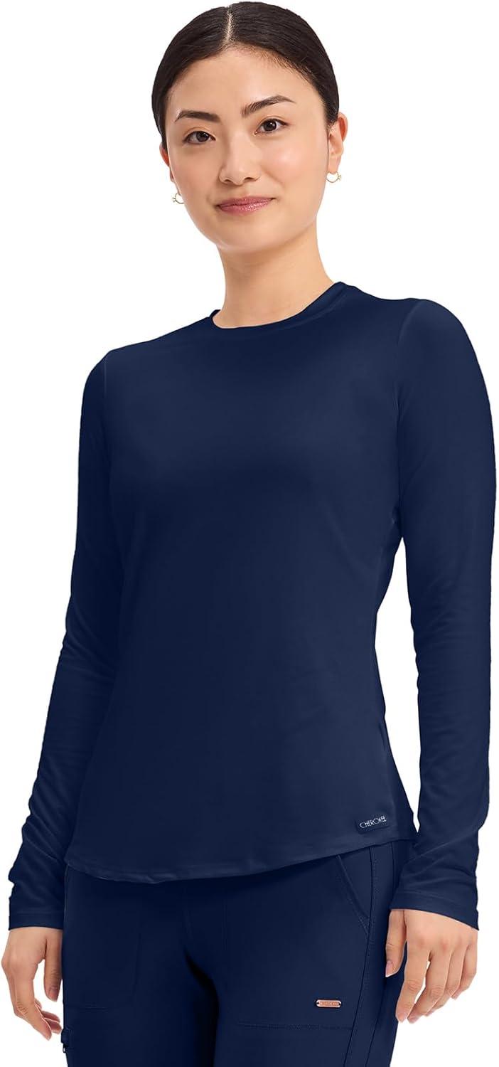 imageCherokee Underscrub Long Sleeve Womens Knit Tee Nursing Underscrubs Crew Neck Layering Top for Women CK773Navy