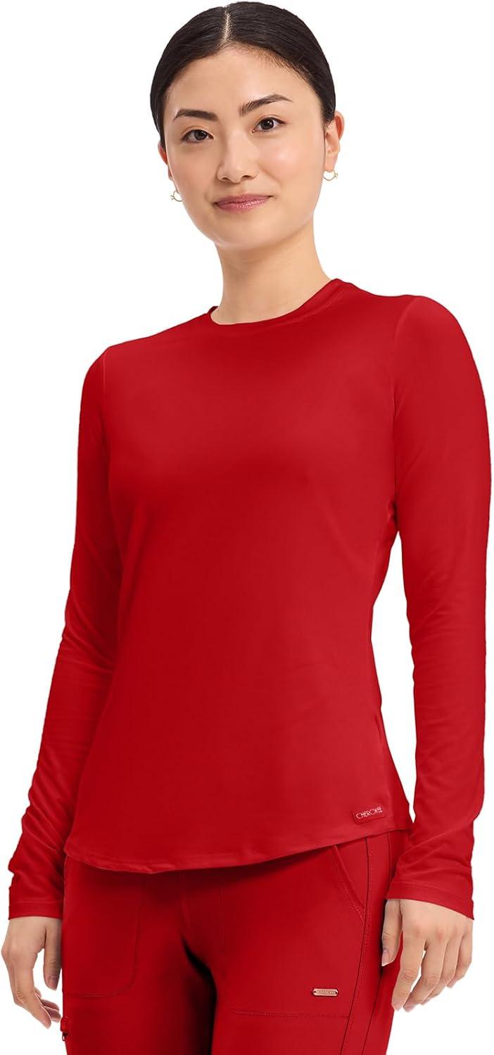 imageCherokee Underscrub Long Sleeve Womens Knit Tee Nursing Underscrubs Crew Neck Layering Top for Women CK773Red