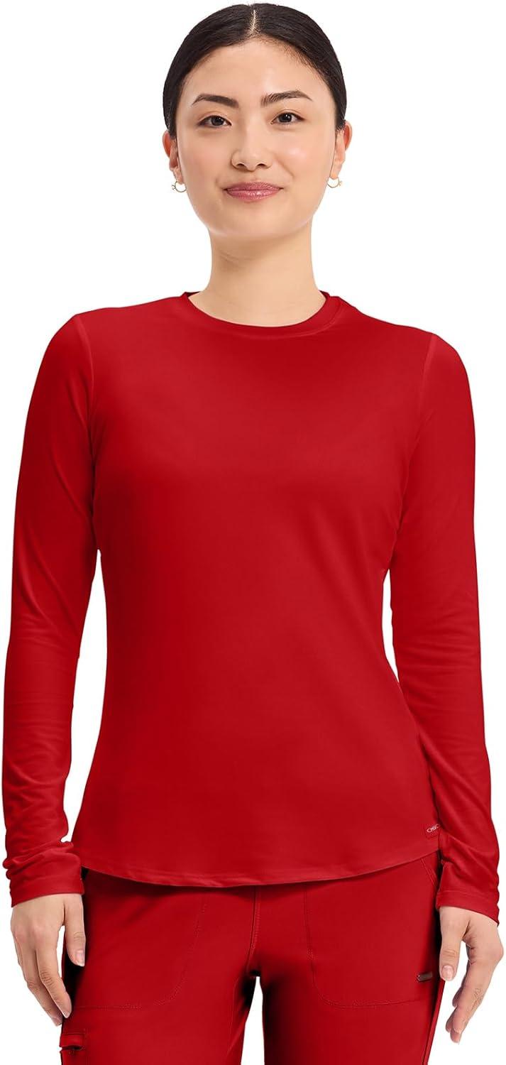 imageCherokee Underscrub Long Sleeve Womens Knit Tee Nursing Underscrubs Crew Neck Layering Top for Women CK773Red