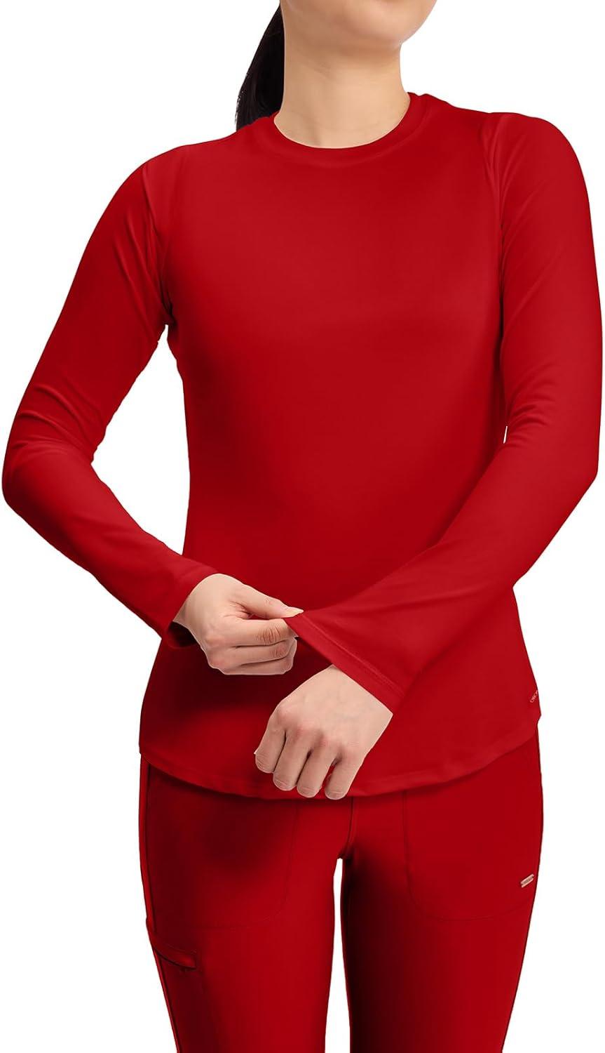 imageCherokee Underscrub Long Sleeve Womens Knit Tee Nursing Underscrubs Crew Neck Layering Top for Women CK773Red