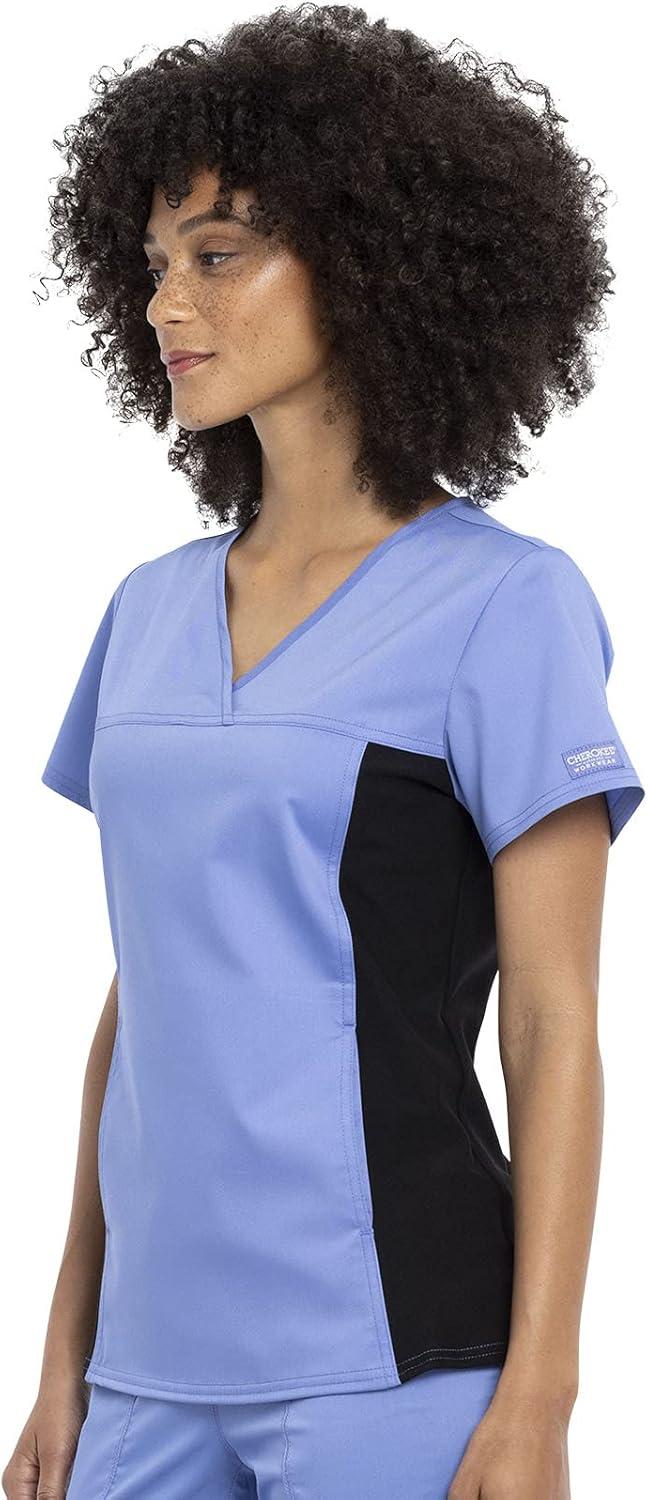 imageCherokee VNeck Knit Panel Scrub Top for Women Modern Classic Fit with Stretch Side Panels amp Kangaroo Pocket WW2875Ciel