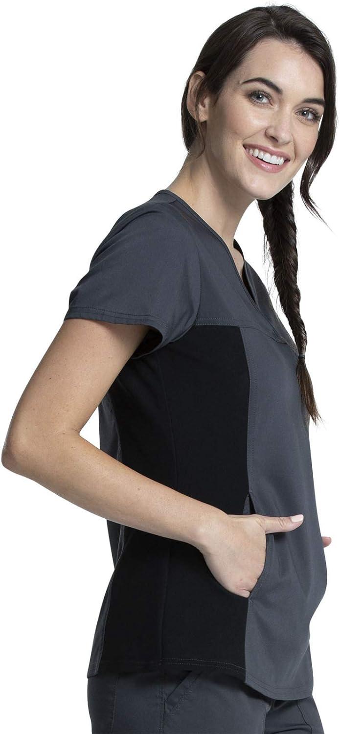 imageCherokee VNeck Knit Panel Scrub Top for Women Modern Classic Fit with Stretch Side Panels amp Kangaroo Pocket WW2875Pewter