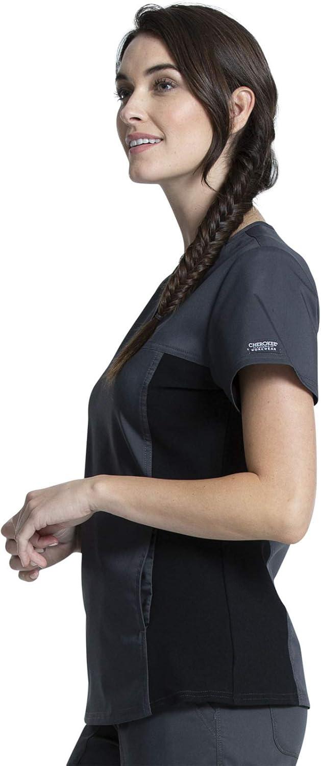 imageCherokee VNeck Knit Panel Scrub Top for Women Modern Classic Fit with Stretch Side Panels amp Kangaroo Pocket WW2875Pewter
