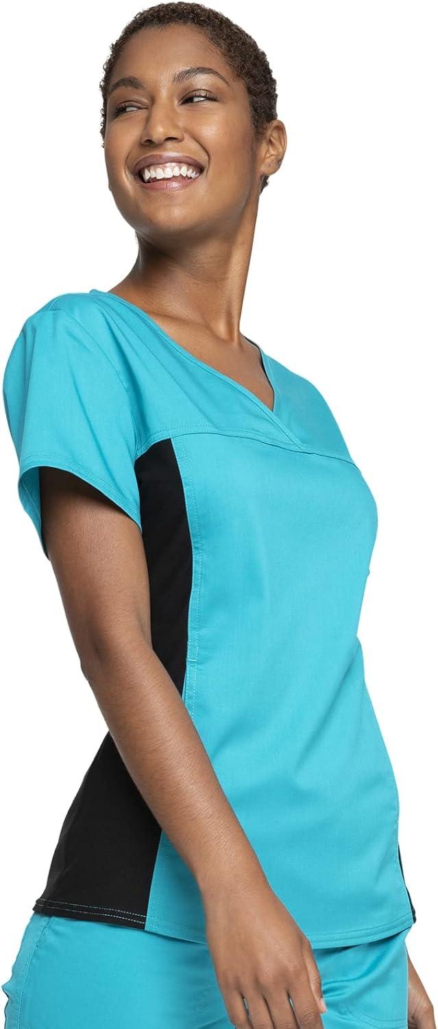 imageCherokee VNeck Knit Panel Scrub Top for Women Modern Classic Fit with Stretch Side Panels amp Kangaroo Pocket WW2875Teal Blue