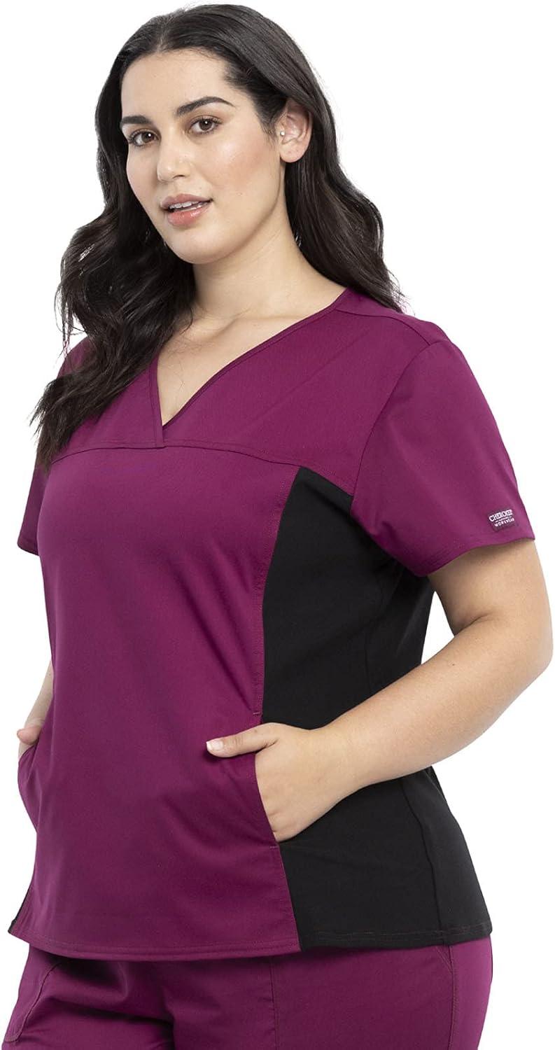 imageCherokee VNeck Knit Panel Scrub Top for Women Modern Classic Fit with Stretch Side Panels amp Kangaroo Pocket WW2875Wine