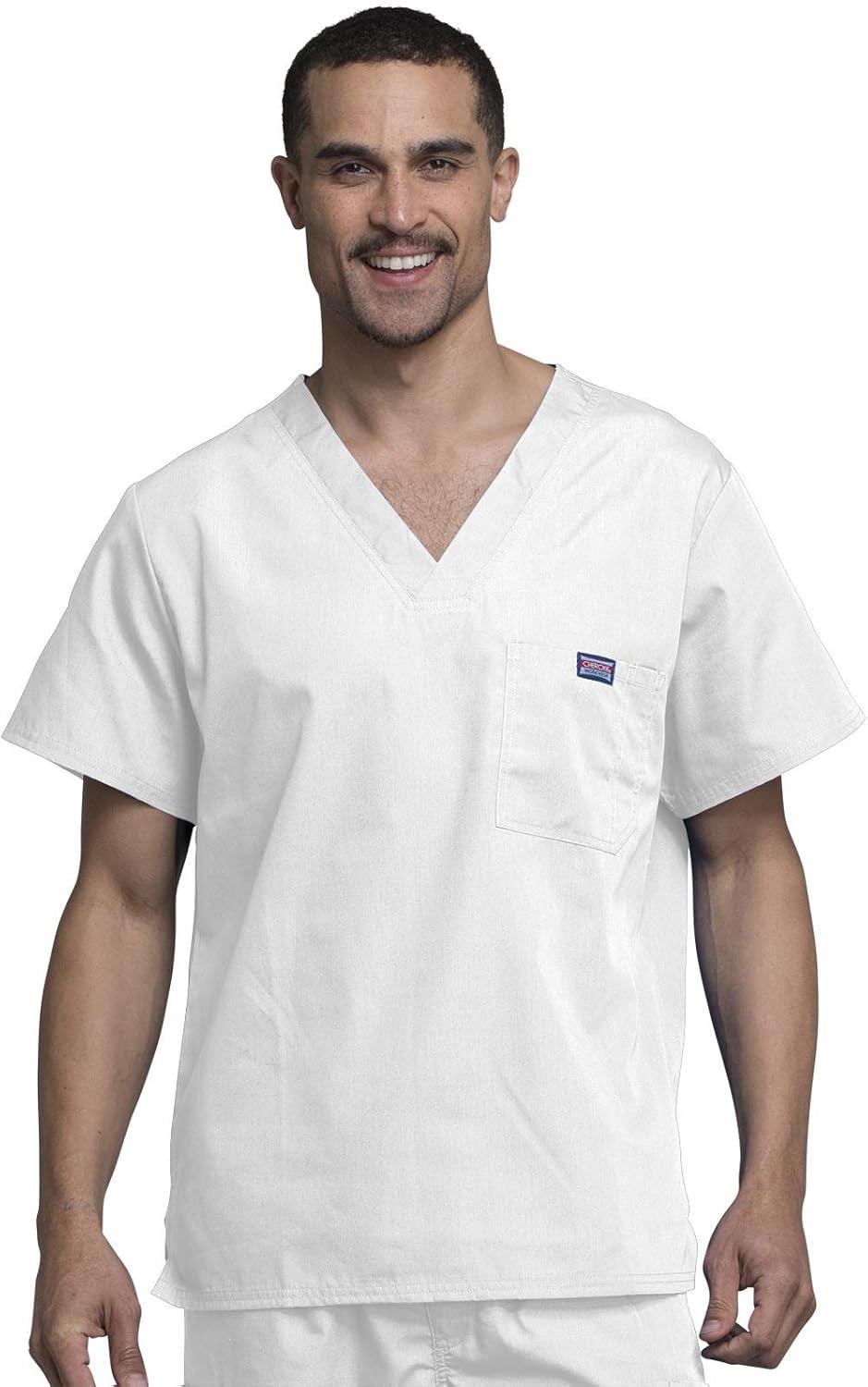 imageCherokee VNeck Mens Scrub Top with Chest Pocket Durable Fade Resistant and Easy CareWhite