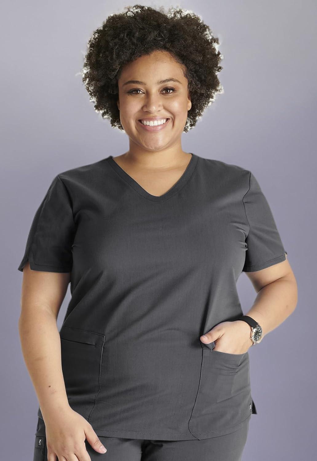 imageCherokee VNeck Scrub Top for Women with 2 Pockets Knit Insets and Notch at The Shirttail Hem for Comfort CK837APewter