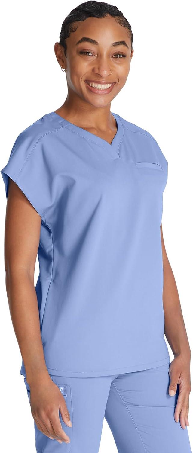imageCherokee VNeck Womens Scrub Top with Dolman Sleeves amp HighLow Shirttail Hem for Comfort CK836ABlissful Sky