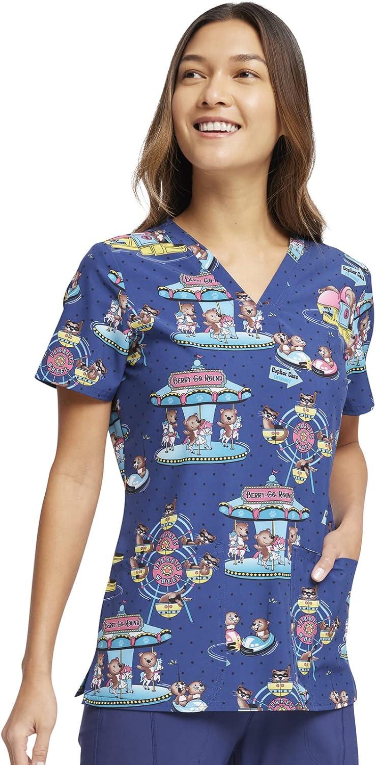 imageCherokee Women Scrub Tops VNeck Print Top with 2 Pockets Back Yoke Seam and Side Vents CK671Carnival Critters