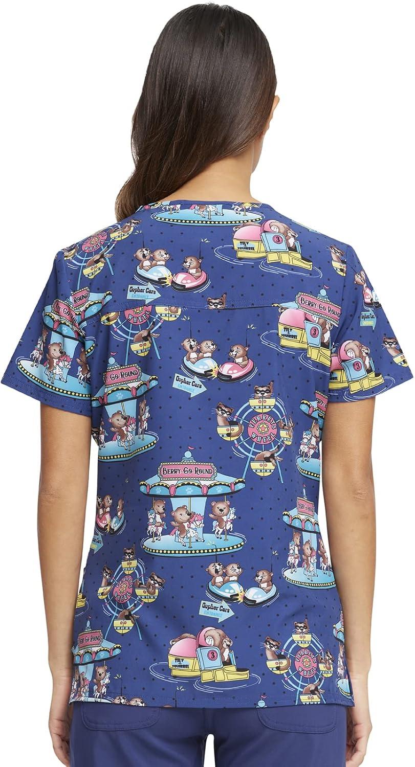 imageCherokee Women Scrub Tops VNeck Print Top with 2 Pockets Back Yoke Seam and Side Vents CK671Carnival Critters