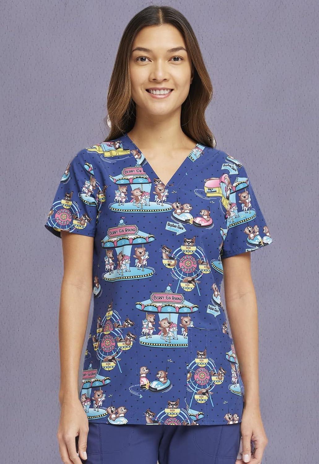 imageCherokee Women Scrub Tops VNeck Print Top with 2 Pockets Back Yoke Seam and Side Vents CK671Carnival Critters