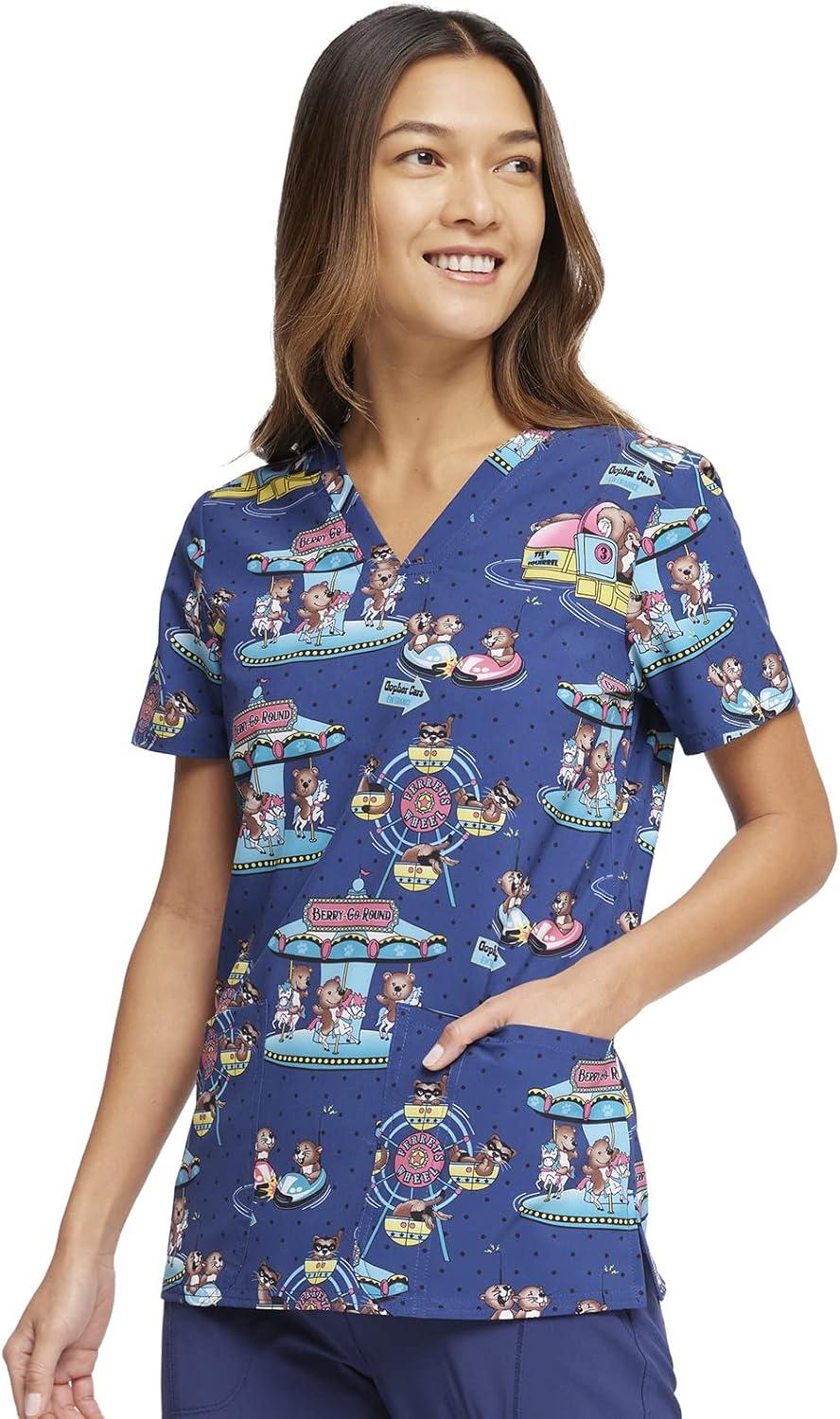 imageCherokee Women Scrub Tops VNeck Print Top with 2 Pockets Back Yoke Seam and Side Vents CK671Carnival Critters