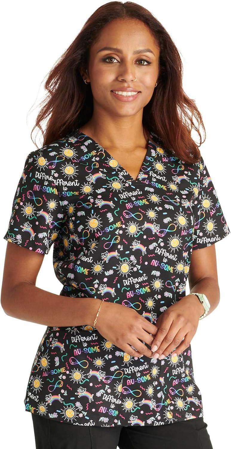 imageCherokee Women Scrub Tops VNeck Print Top with 2 Pockets Back Yoke Seam and Side Vents CK671Different is Ausome