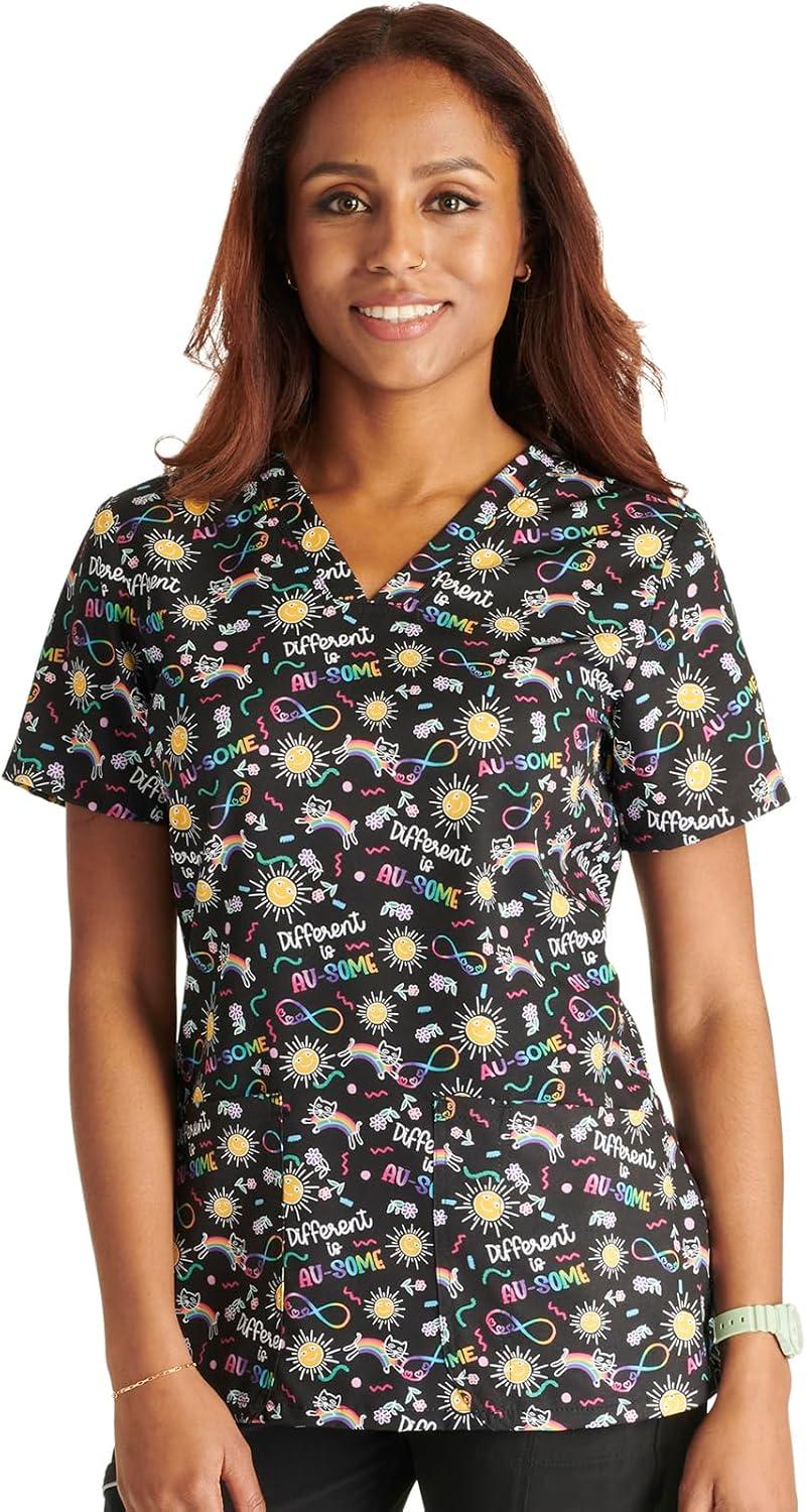 imageCherokee Women Scrub Tops VNeck Print Top with 2 Pockets Back Yoke Seam and Side Vents CK671Different is Ausome