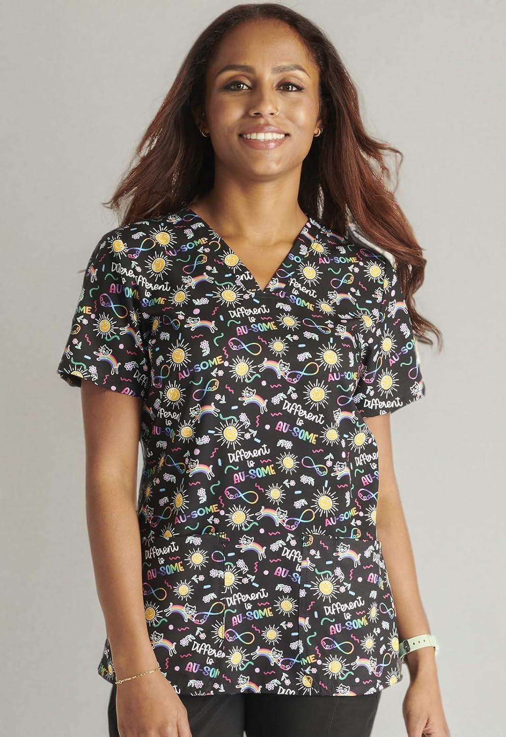 imageCherokee Women Scrub Tops VNeck Print Top with 2 Pockets Back Yoke Seam and Side Vents CK671Different is Ausome