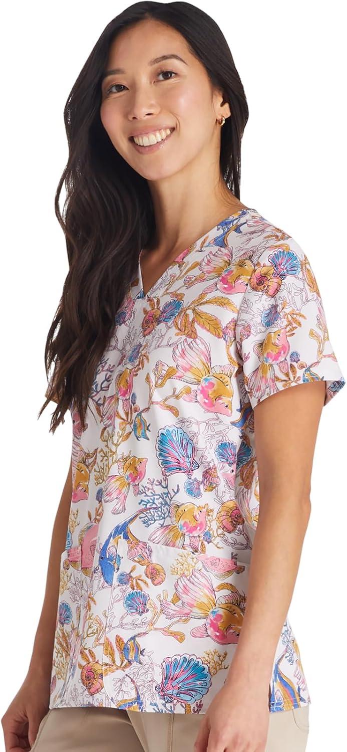 imageCherokee Women Scrub Tops VNeck Print Top with 2 Pockets Back Yoke Seam and Side Vents CK671Fintastic Watercolor
