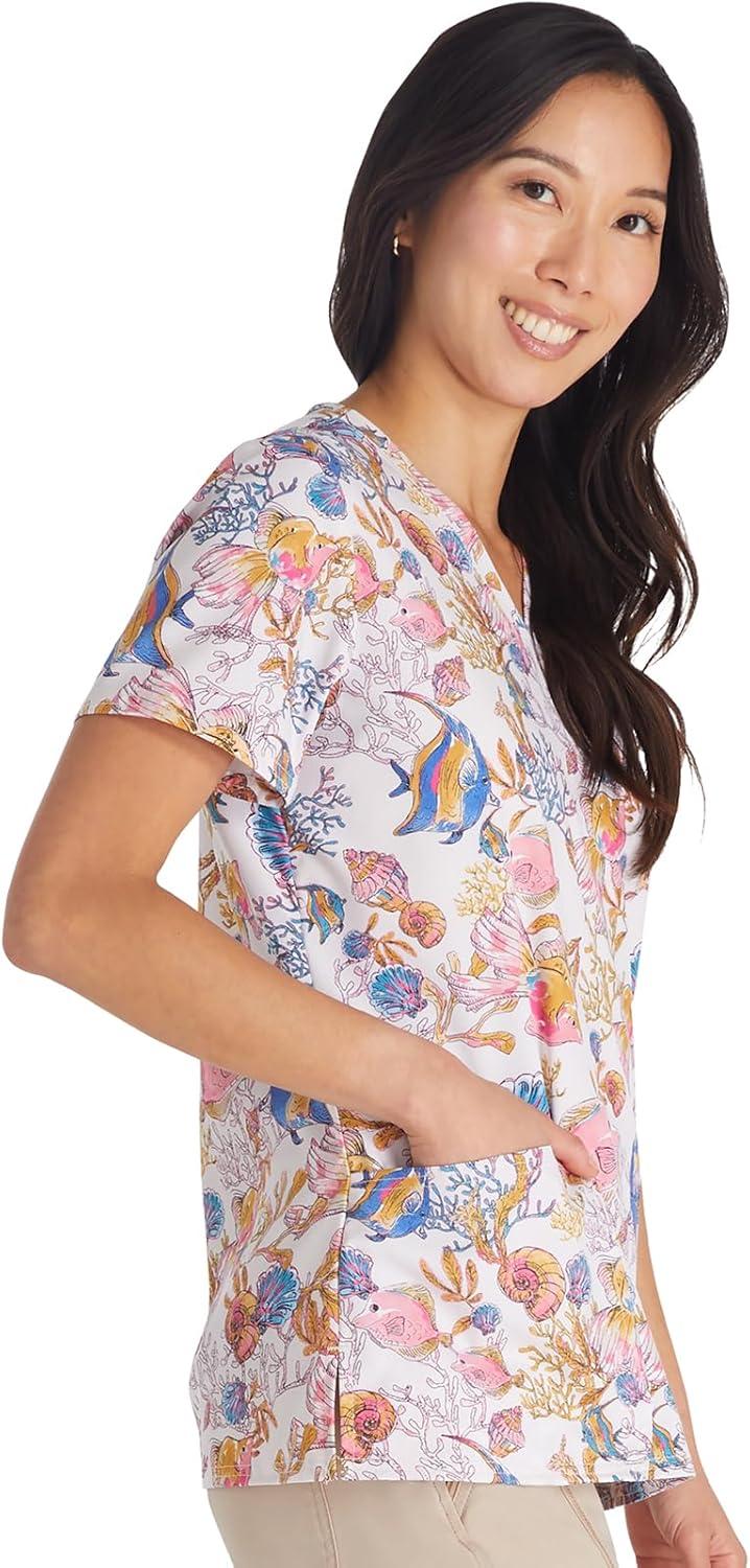 imageCherokee Women Scrub Tops VNeck Print Top with 2 Pockets Back Yoke Seam and Side Vents CK671Fintastic Watercolor