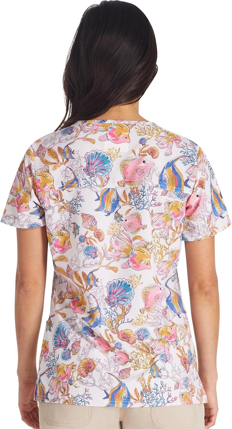 imageCherokee Women Scrub Tops VNeck Print Top with 2 Pockets Back Yoke Seam and Side Vents CK671Fintastic Watercolor