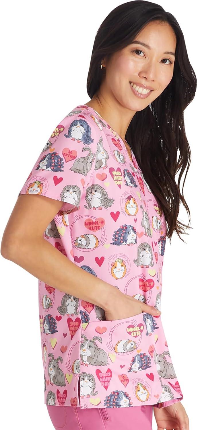 imageCherokee Women Scrub Tops VNeck Print Top with 2 Pockets Back Yoke Seam and Side Vents CK671Good Hair Day