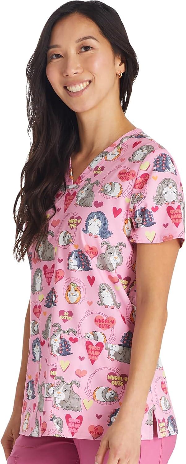 imageCherokee Women Scrub Tops VNeck Print Top with 2 Pockets Back Yoke Seam and Side Vents CK671Good Hair Day