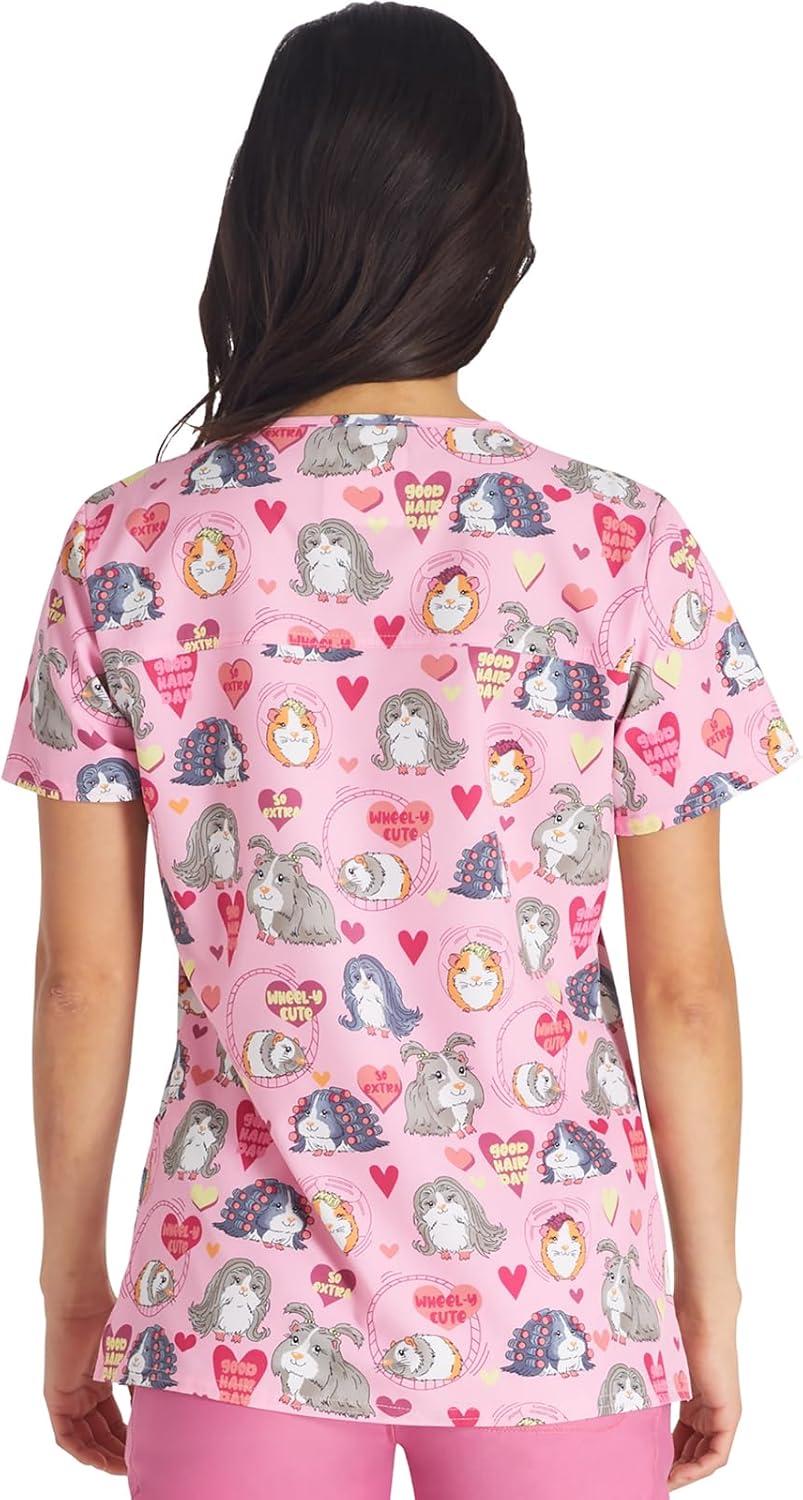 imageCherokee Women Scrub Tops VNeck Print Top with 2 Pockets Back Yoke Seam and Side Vents CK671Good Hair Day