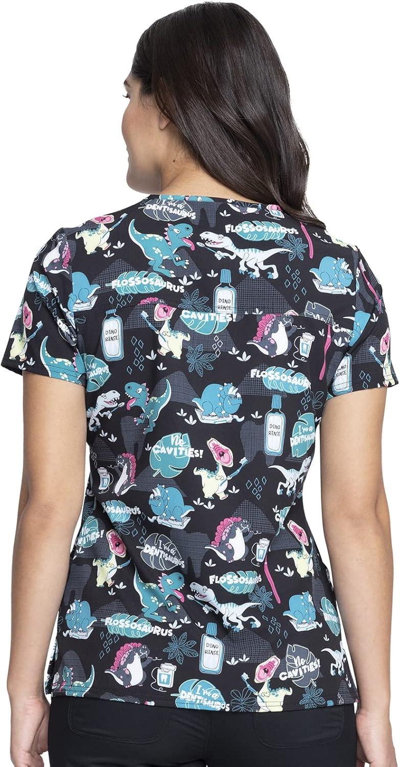 imageCherokee Women Scrub Tops VNeck Print Top with 2 Pockets Back Yoke Seam and Side Vents CK671Im a Dentisaurus