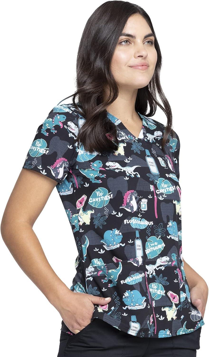 imageCherokee Women Scrub Tops VNeck Print Top with 2 Pockets Back Yoke Seam and Side Vents CK671Im a Dentisaurus