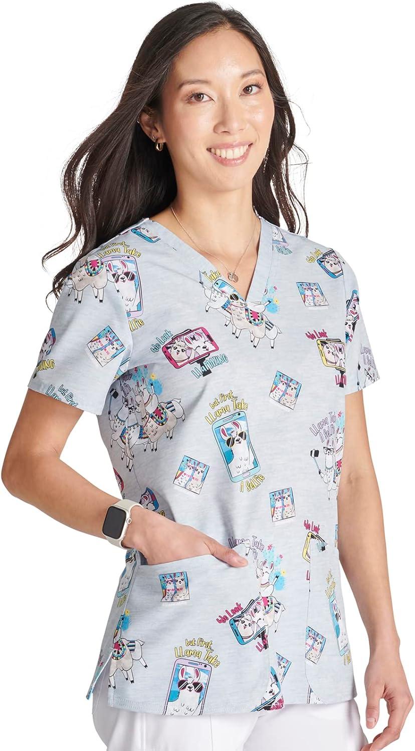 imageCherokee Women Scrub Tops VNeck Print Top with 2 Pockets Back Yoke Seam and Side Vents CK671Llama Take a Selfie