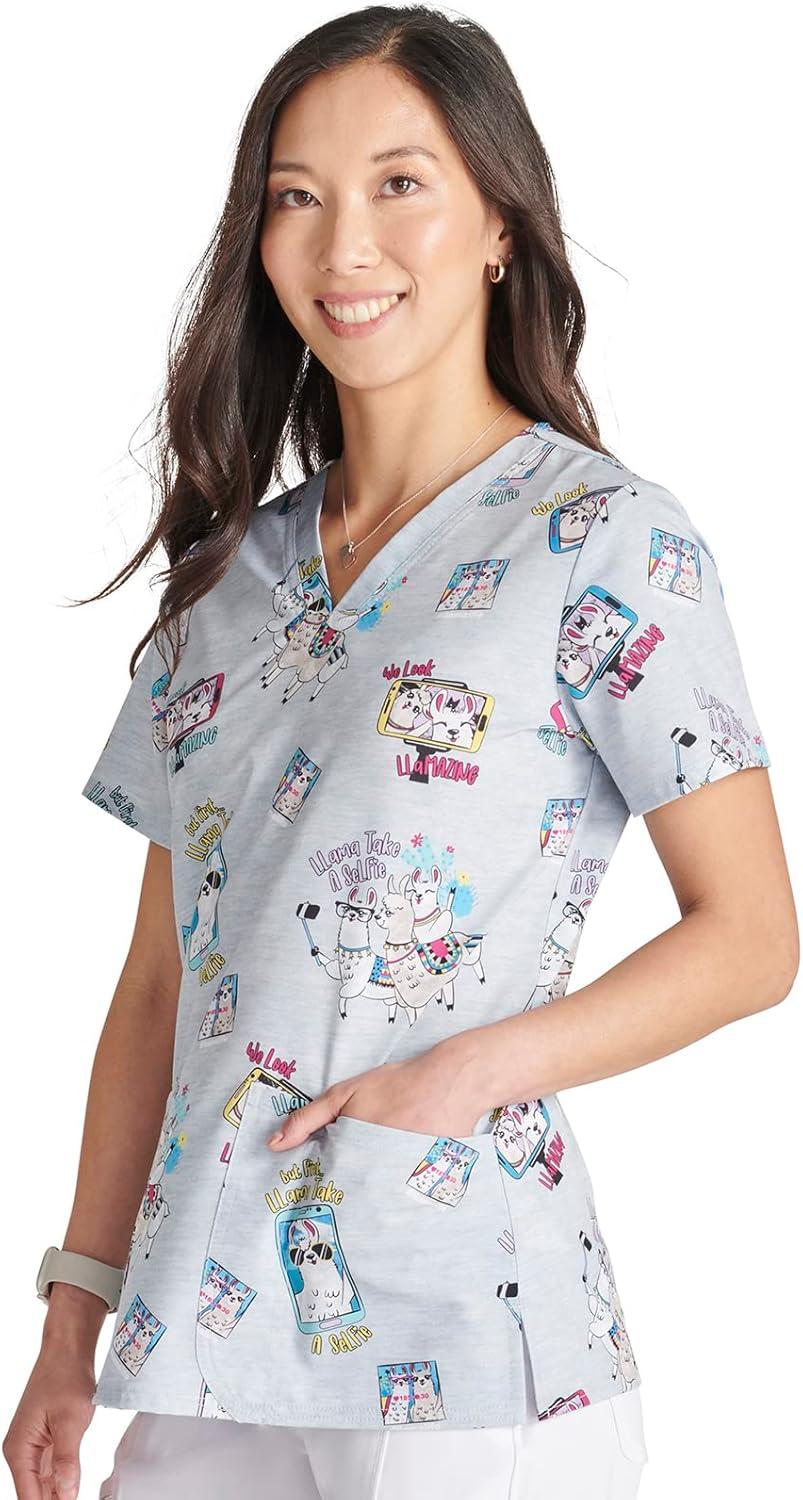 imageCherokee Women Scrub Tops VNeck Print Top with 2 Pockets Back Yoke Seam and Side Vents CK671Llama Take a Selfie