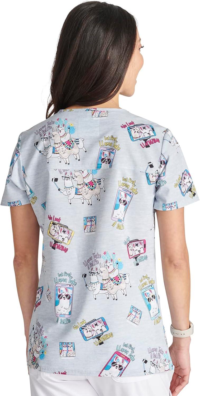imageCherokee Women Scrub Tops VNeck Print Top with 2 Pockets Back Yoke Seam and Side Vents CK671Llama Take a Selfie