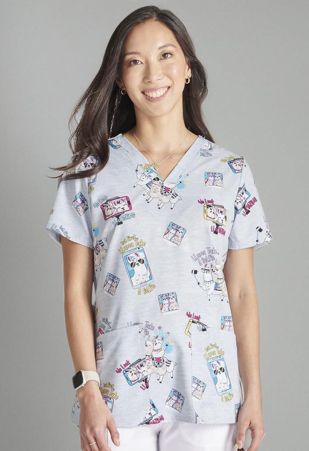 imageCherokee Women Scrub Tops VNeck Print Top with 2 Pockets Back Yoke Seam and Side Vents CK671Llama Take a Selfie