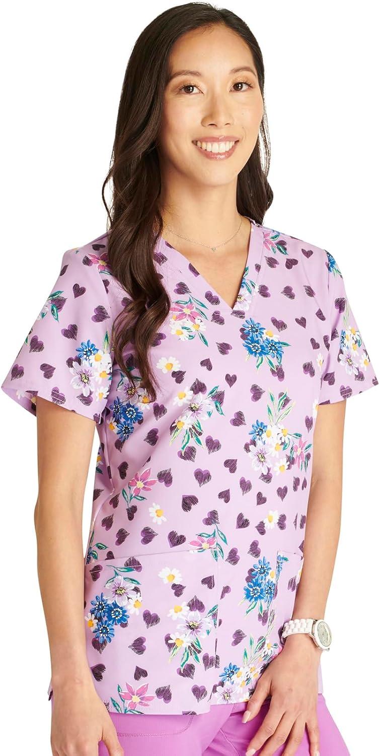 imageCherokee Women Scrub Tops VNeck Print Top with 2 Pockets Back Yoke Seam and Side Vents CK671Loving Petals