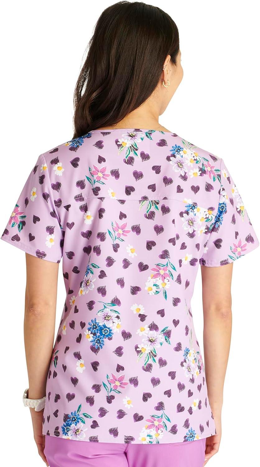 imageCherokee Women Scrub Tops VNeck Print Top with 2 Pockets Back Yoke Seam and Side Vents CK671Loving Petals