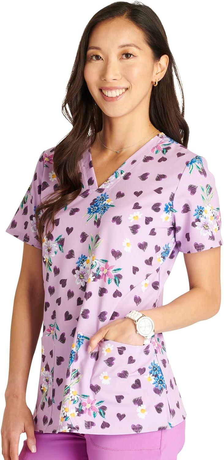 imageCherokee Women Scrub Tops VNeck Print Top with 2 Pockets Back Yoke Seam and Side Vents CK671Loving Petals