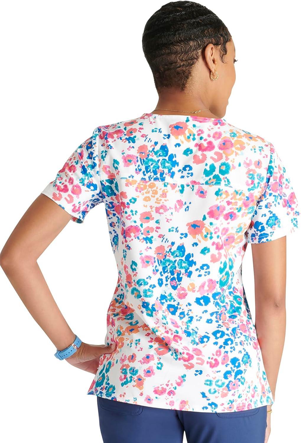imageCherokee Women Scrub Tops VNeck Print Top with 2 Pockets Back Yoke Seam and Side Vents CK671Marker Leopard