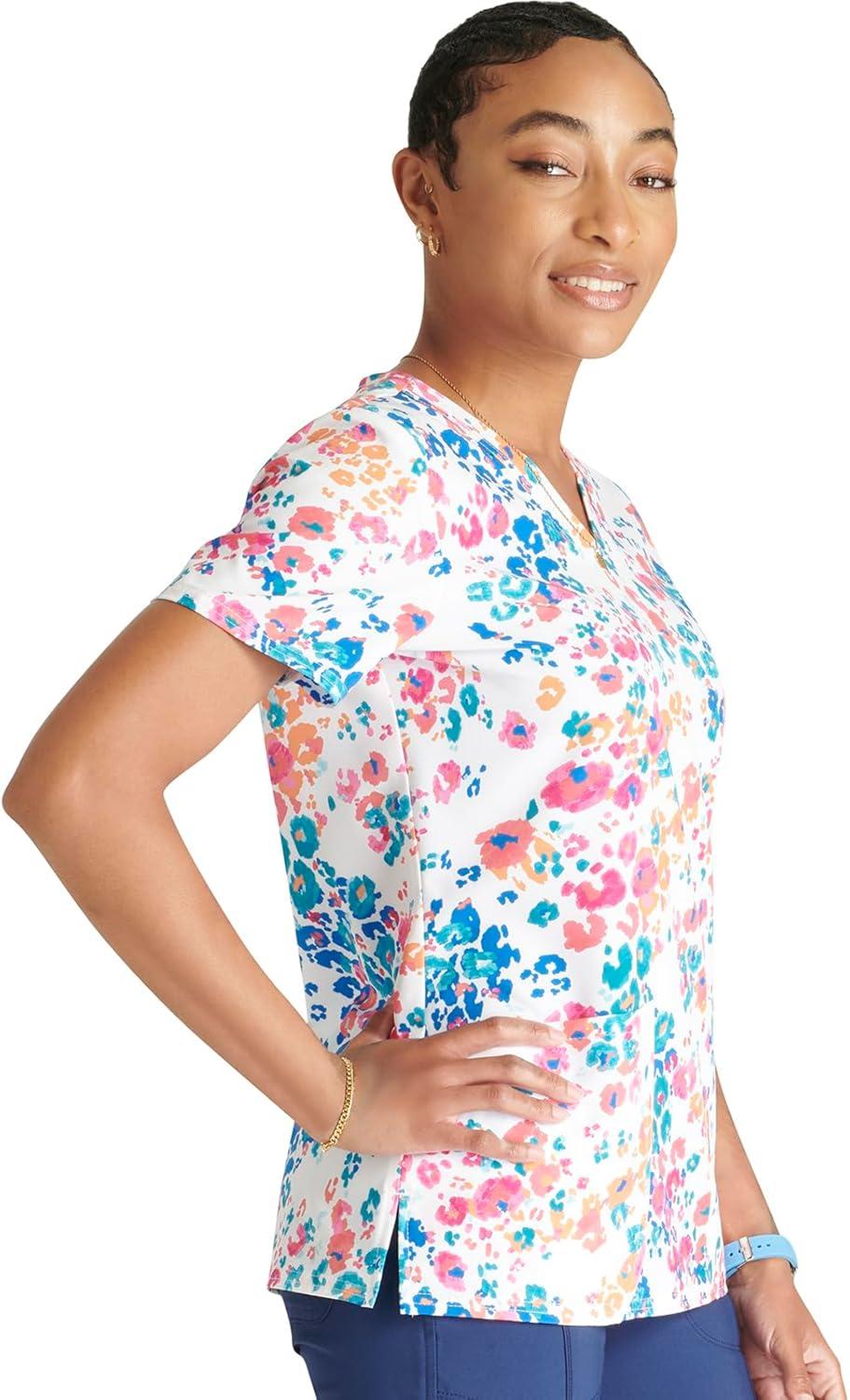 imageCherokee Women Scrub Tops VNeck Print Top with 2 Pockets Back Yoke Seam and Side Vents CK671Marker Leopard